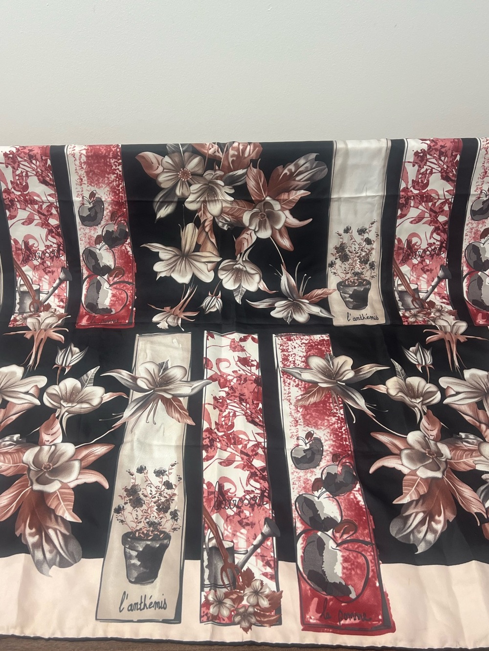 Turkish Floral Silk-Feel Scarf in Black, Cream & Rose